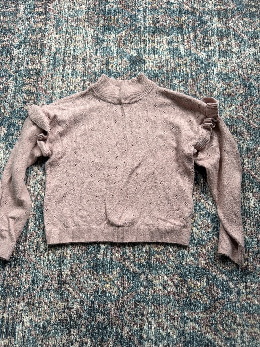 GAP Mauve Pointelle Mock Neck Sweater with Ruffle Shoulders